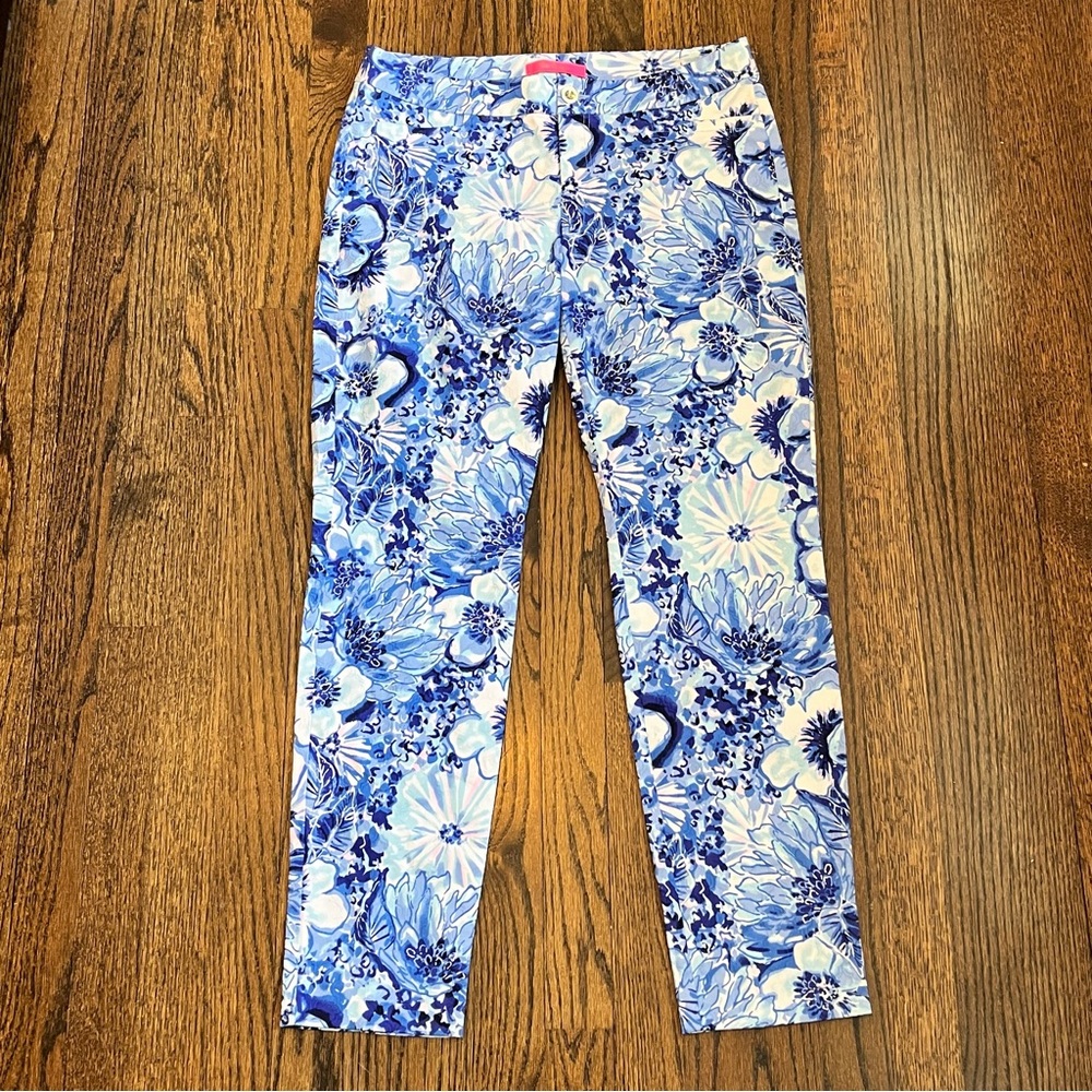 Lilly Pulitzer Blue Floral Pants Straight Leg Size 8